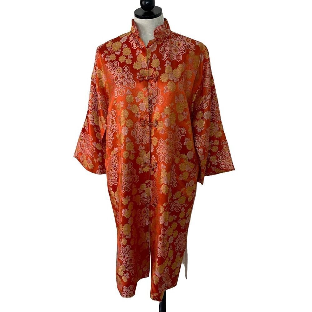 Vintage Women Jacket Size Large Orange Japanese Satin Floral Brocade Tunic